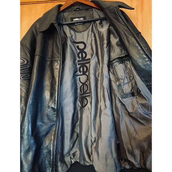 Pelle Pelle Marc Buchanan 90s Y2K Black Lthr Signature Emboss Coat Jacket sz 48 - Picture 8 of 16